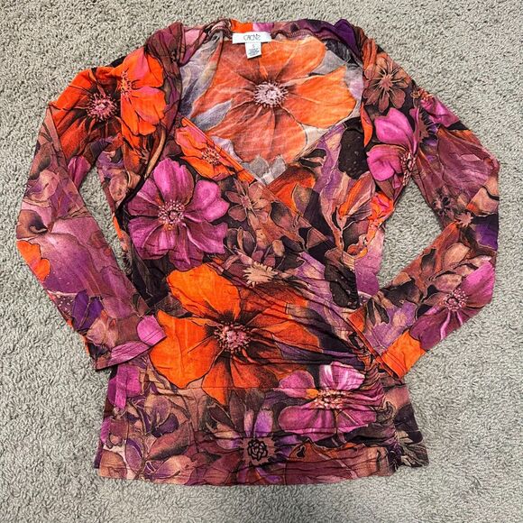 Vintage Cache 90s Y2K Stretchy Purple Orange Boho Floral V-Neck Blouse, Small - Picture 2 of 6